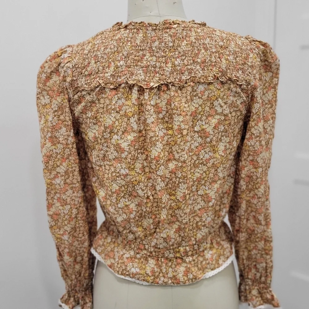 American Eagle Boho Floral Smock Detail Tie Neck Longsleeve Blouse Size S - Picture 2 of 11